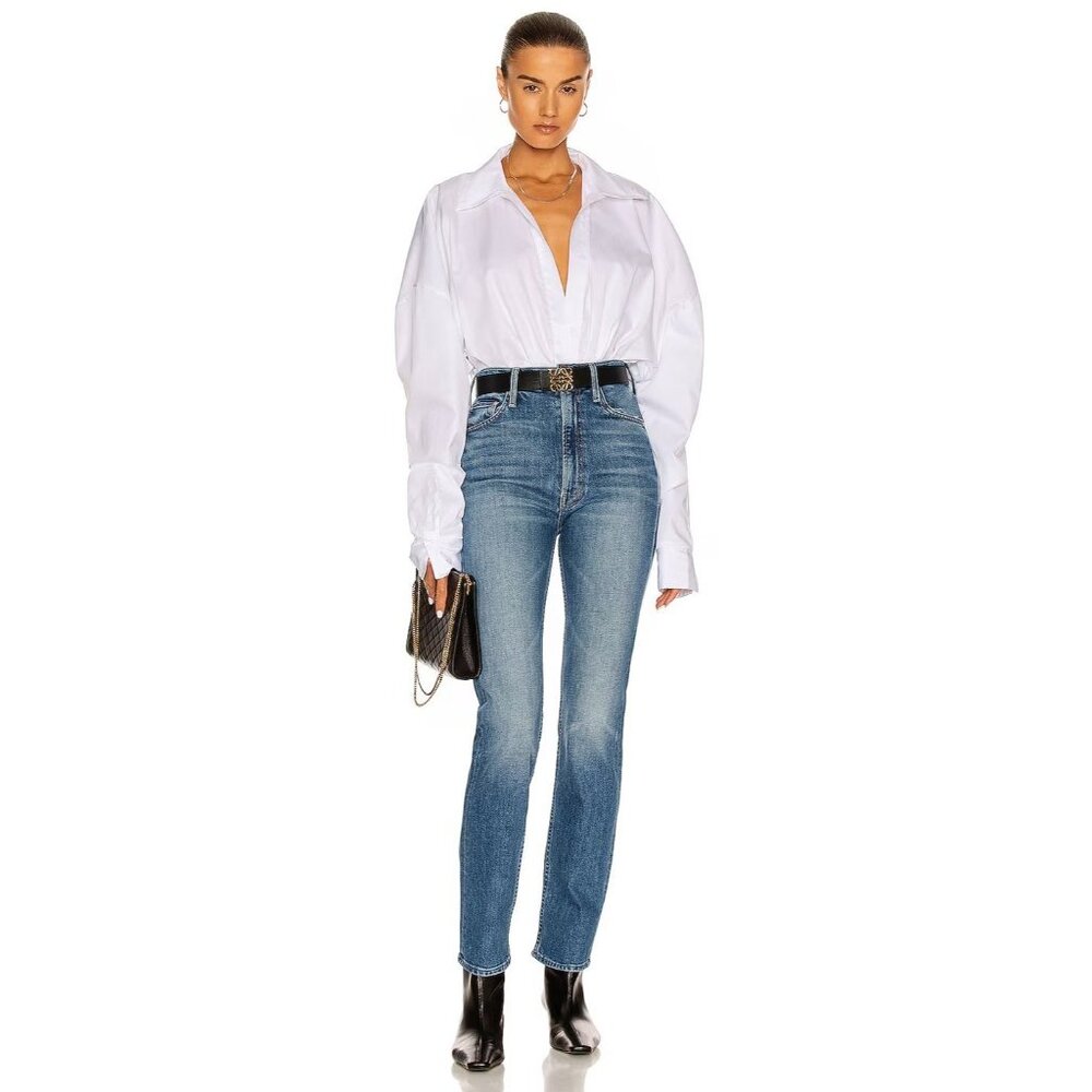 MOTHER High Rise Straight Leg Jeans in Medium Blue Wash
